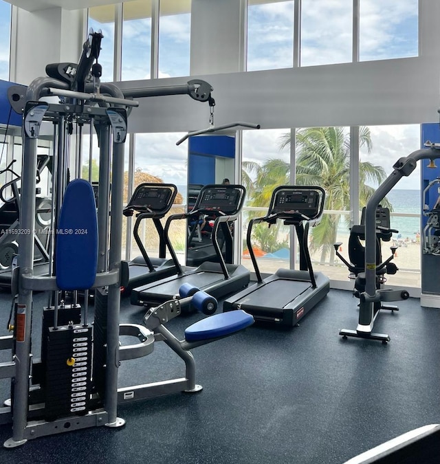 workout area with a wealth of natural light and a water view