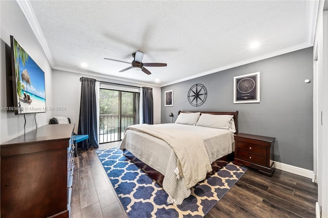 bedroom with access to exterior, a textured ceiling, ceiling fan, crown molding, and dark hardwood / wood-style floors