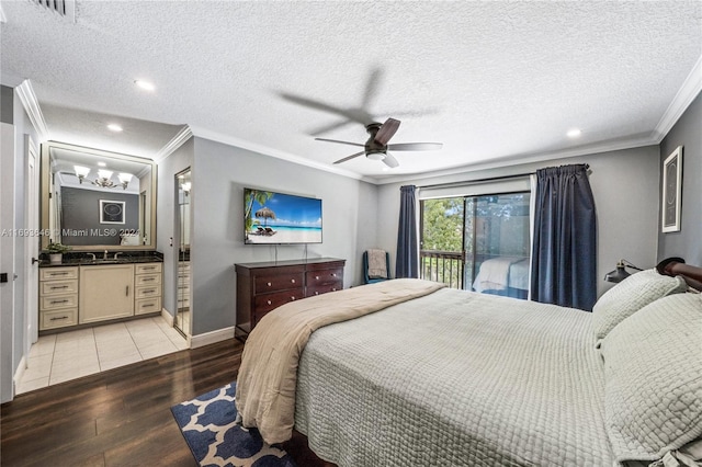 bedroom featuring access to outside, light hardwood / wood-style floors, ceiling fan, and ornamental molding