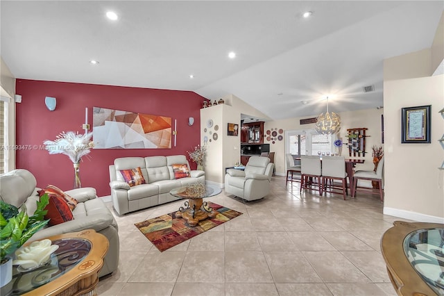 tiled living room with lofted ceiling