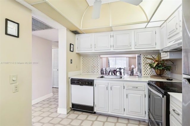 kitchen with dishwasher, sink, white cabinets, and stainless steel electric range