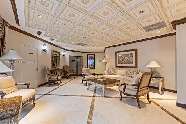 living room with coffered ceiling and ornamental molding