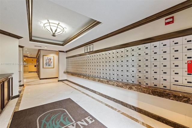 hall with a mail area, a raised ceiling, and ornamental molding