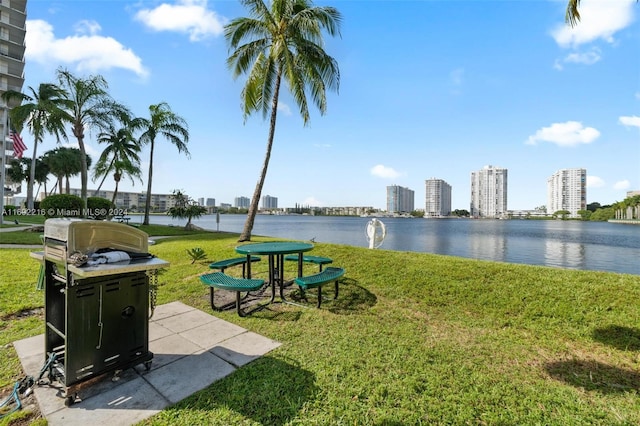 view of home's community featuring a water view and a lawn