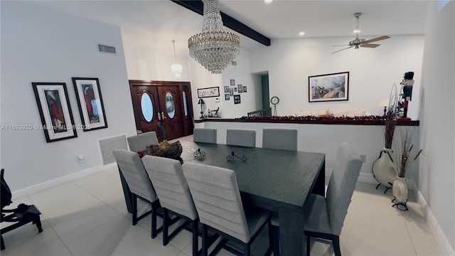 tiled dining room with vaulted ceiling with beams and ceiling fan with notable chandelier