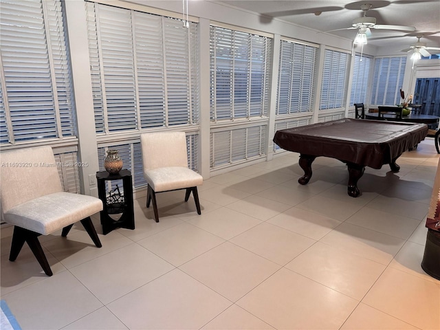 rec room featuring ceiling fan, light tile patterned floors, and pool table