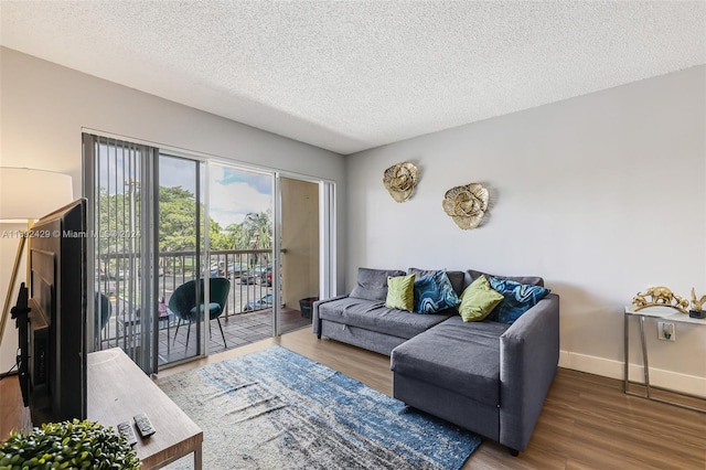 living room featuring hardwood / wood-style floors and a textured ceiling