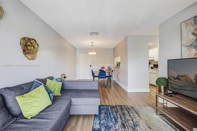 living room featuring a textured ceiling and light hardwood / wood-style floors