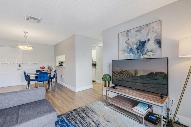 living room with light hardwood / wood-style flooring and a textured ceiling