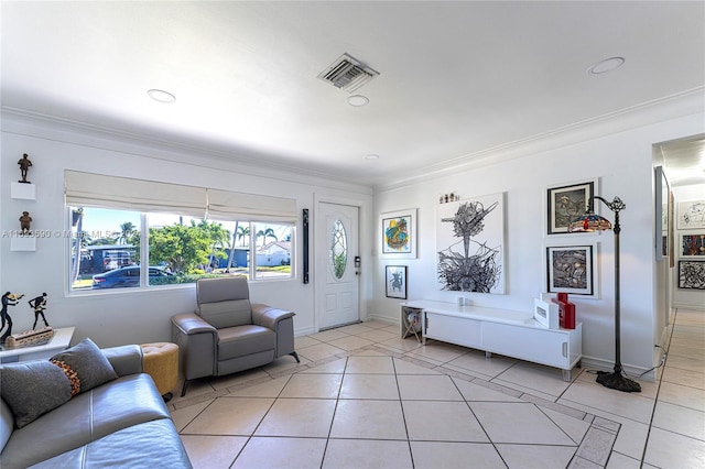 living room featuring crown molding and light tile patterned flooring