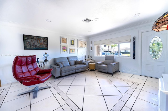 tiled living room with ornamental molding