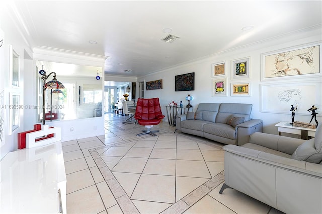 living room featuring light tile patterned floors and crown molding