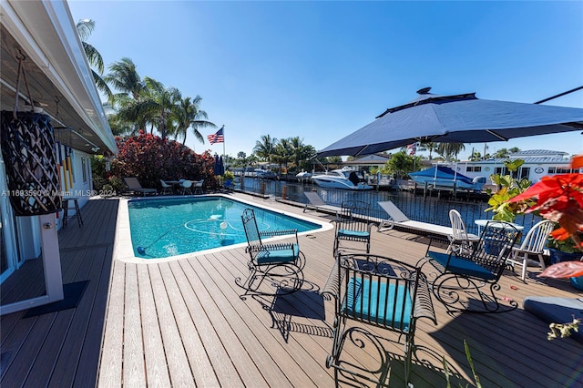 view of pool with a deck with water view