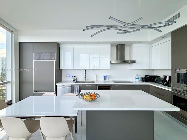 kitchen featuring white cabinetry, a center island, wall chimney range hood, and sink