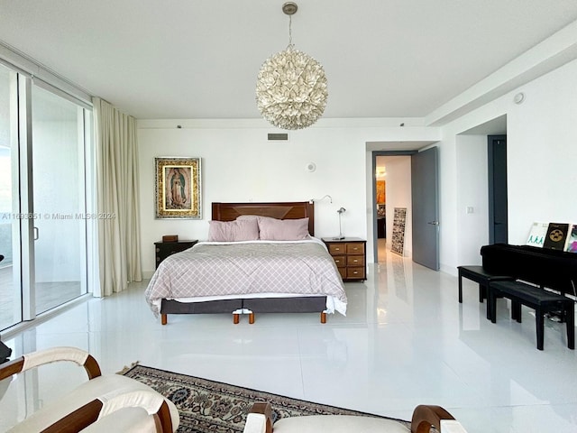 bedroom featuring light tile patterned floors, access to outside, and a chandelier