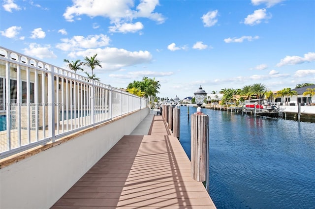 dock area with a water view