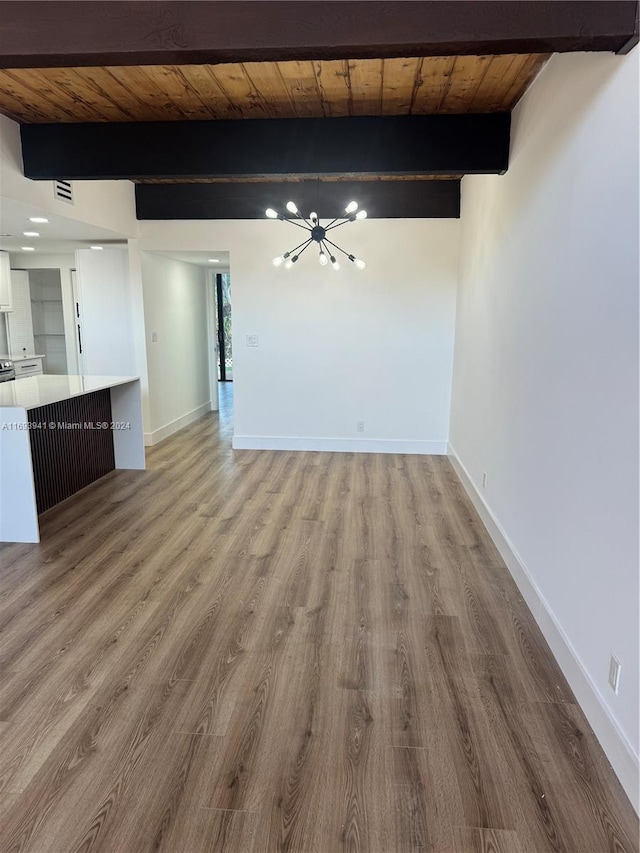 unfurnished living room with light hardwood / wood-style flooring, beamed ceiling, wood ceiling, and a notable chandelier