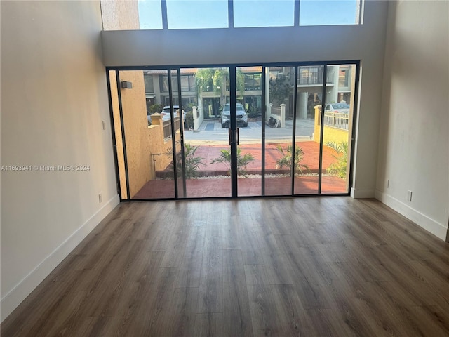 spare room with a high ceiling and dark hardwood / wood-style floors