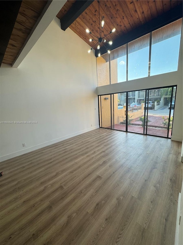 unfurnished room featuring hardwood / wood-style floors, beam ceiling, high vaulted ceiling, and wood ceiling