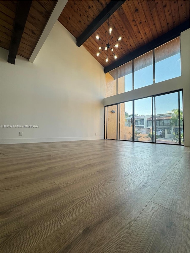 unfurnished room with beam ceiling, high vaulted ceiling, wooden ceiling, and wood-type flooring