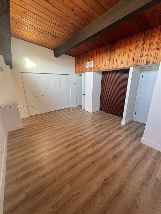 spare room featuring beam ceiling, wooden ceiling, and hardwood / wood-style floors