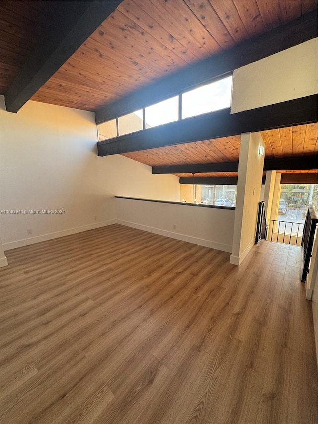 spare room with lofted ceiling with beams, hardwood / wood-style flooring, and wood ceiling