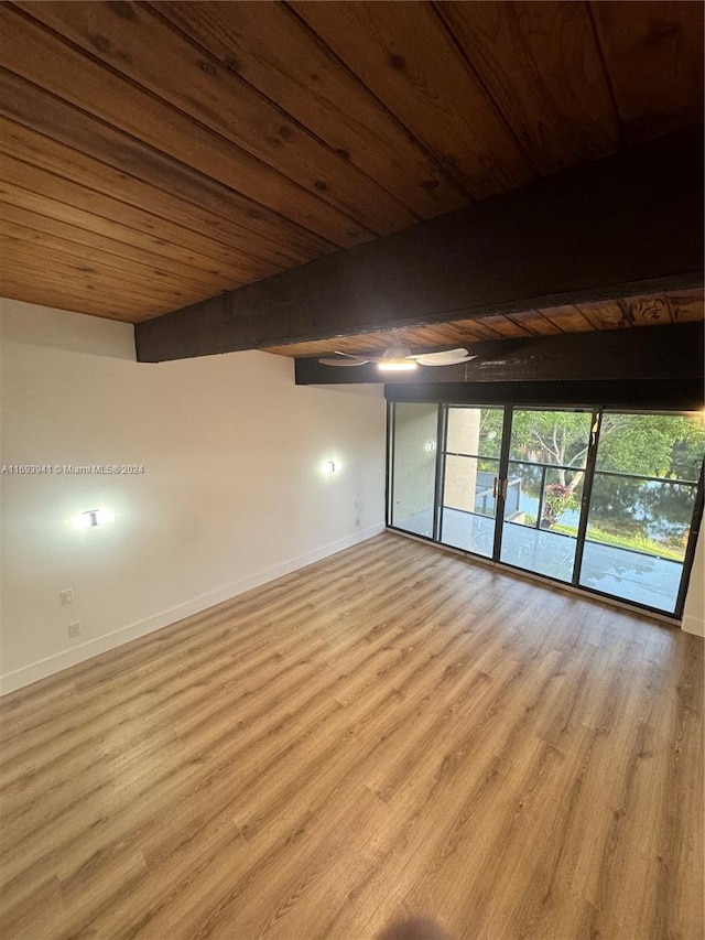 spare room with beam ceiling, light hardwood / wood-style floors, and wood ceiling