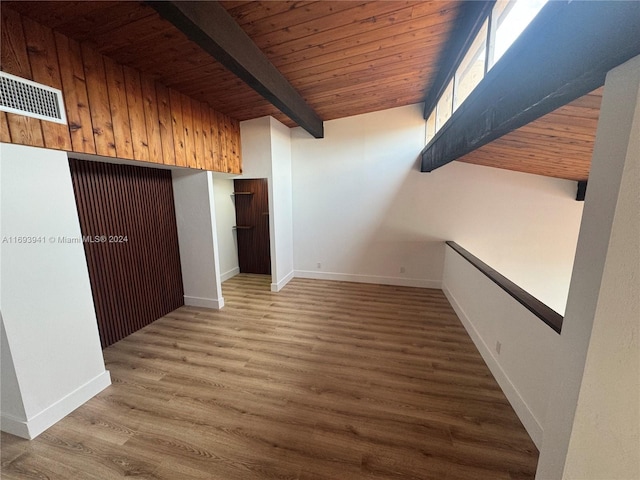 interior space featuring hardwood / wood-style floors, beam ceiling, and wood ceiling