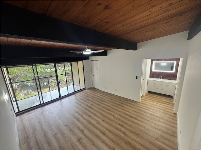 unfurnished living room with vaulted ceiling with beams, light hardwood / wood-style floors, ceiling fan, and wooden ceiling