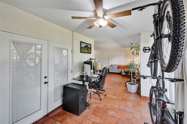 office area featuring ceiling fan and french doors