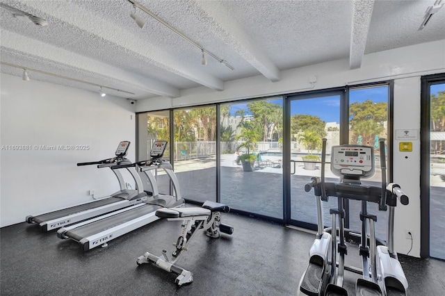 workout area with a textured ceiling, a wealth of natural light, and track lighting