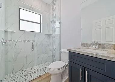 bathroom with vanity, toilet, and a shower with shower door