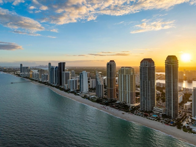 property's view of city with a view of the beach and a water view