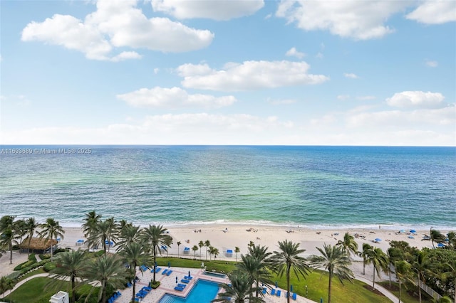 property view of water featuring a beach view