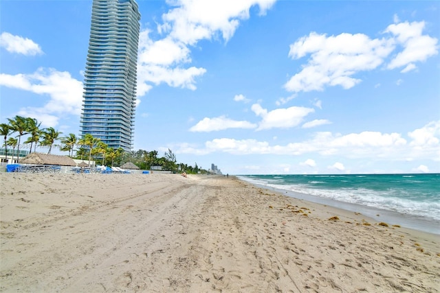 view of water feature with a beach view