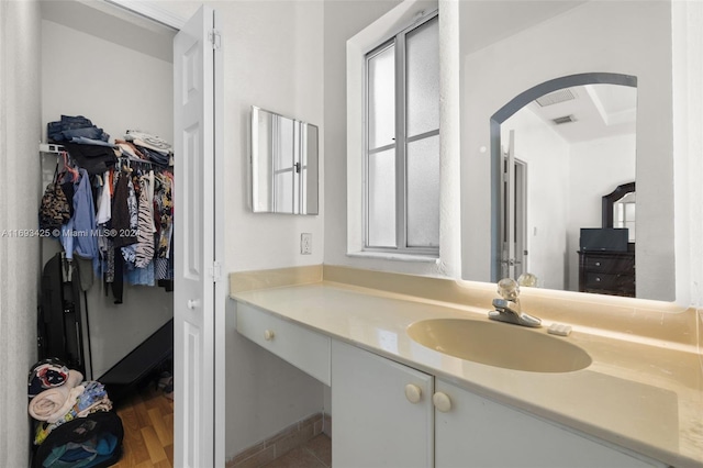 bathroom featuring vanity and wood-type flooring