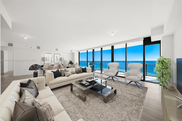 living room featuring a wall of windows and light hardwood / wood-style flooring