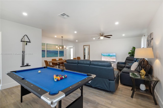 rec room featuring pool table, ceiling fan with notable chandelier, and light wood-type flooring