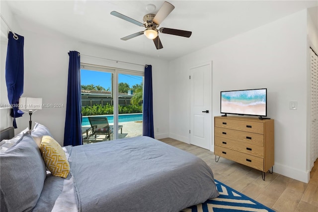 bedroom with ceiling fan, light wood-type flooring, and access to outside