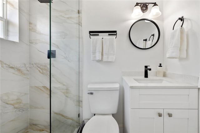 bathroom featuring toilet, vanity, and walk in shower