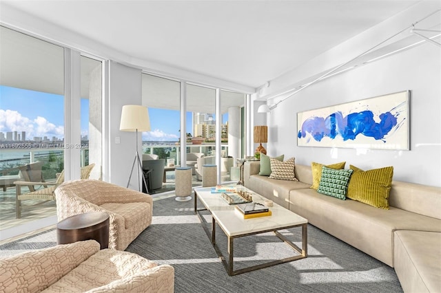 carpeted living room featuring floor to ceiling windows