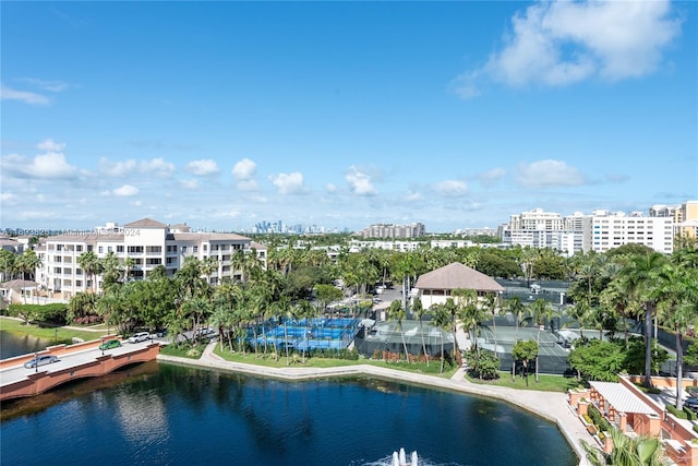 drone / aerial view with a water view