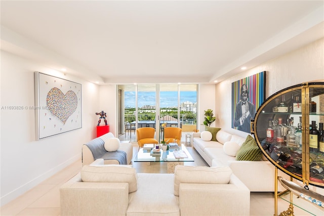 living room featuring light tile patterned floors