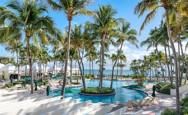 view of pool with a water view