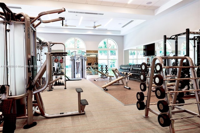 gym with light carpet and ceiling fan