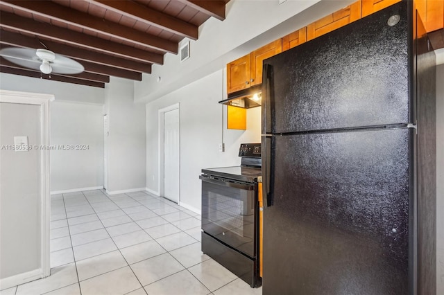 kitchen featuring ceiling fan, beamed ceiling, black appliances, light tile patterned flooring, and wood ceiling