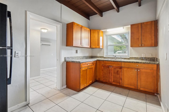 kitchen featuring light tile patterned flooring, sink, a wall mounted AC, beam ceiling, and wood ceiling