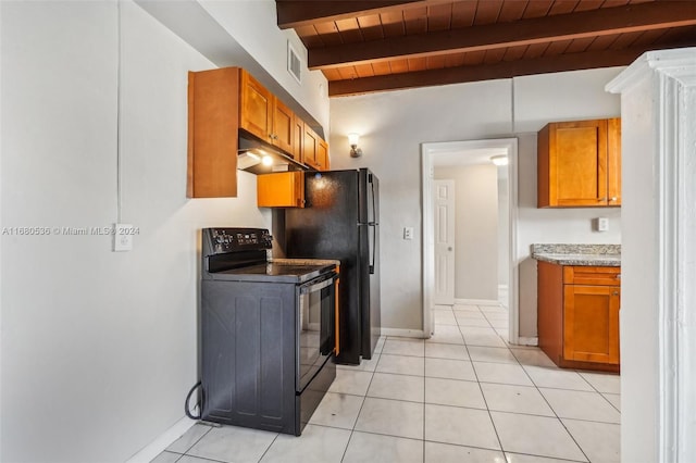 kitchen with wood ceiling, beamed ceiling, black appliances, and light tile patterned floors