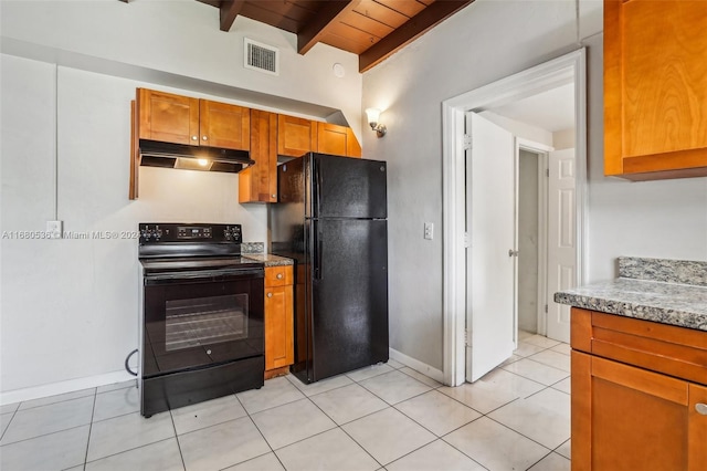 kitchen with beam ceiling, light tile patterned floors, wooden ceiling, and black appliances