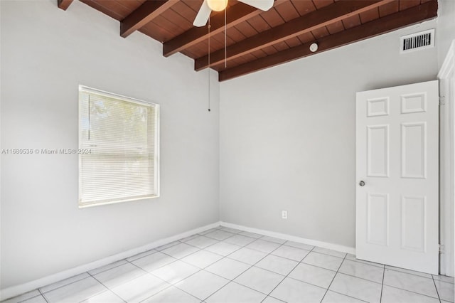 spare room featuring light tile patterned flooring, beam ceiling, ceiling fan, and wood ceiling